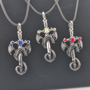Silver Dragon Pendant Necklace with Red, Blue, and Green Accents